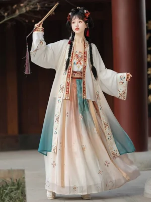 Three-quarter front view of a woman wearing the blue Song Dynasty Qiyao Ruqun Hanfu set with a long chiffon beizi, embroidered trim, floral waistband, and gradient skirt beside red wooden pillars