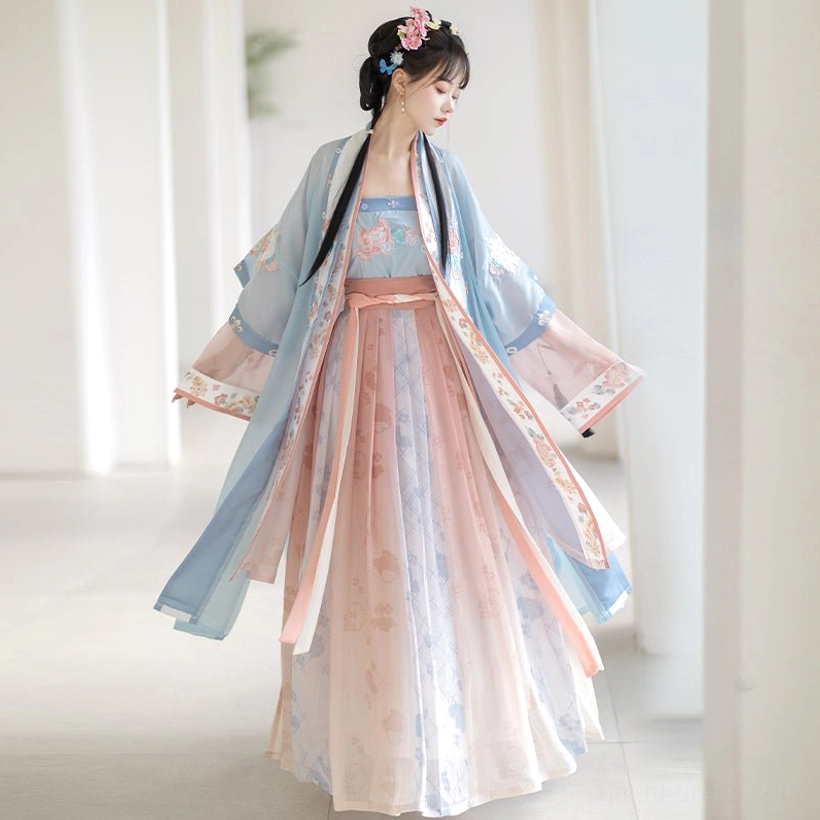 Blue Song Dynasty style Qiyao Ruqun Hanfu shown in a full-body front-side view with lightweight chiffon skirt, high-waisted silhouette, embroidered coat trim, and flowing traditional layers