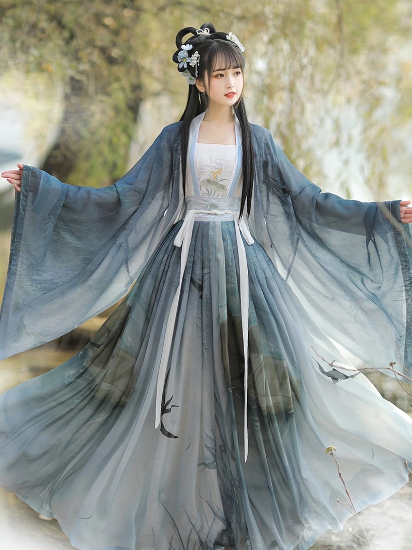 Blue Swallow Flight Song Dynasty Qiyao Ruqun Hanfu with embroidered camellia inner top, swallow and reed printed skirt, matching sash, and flowing blue-gray chiffon layers