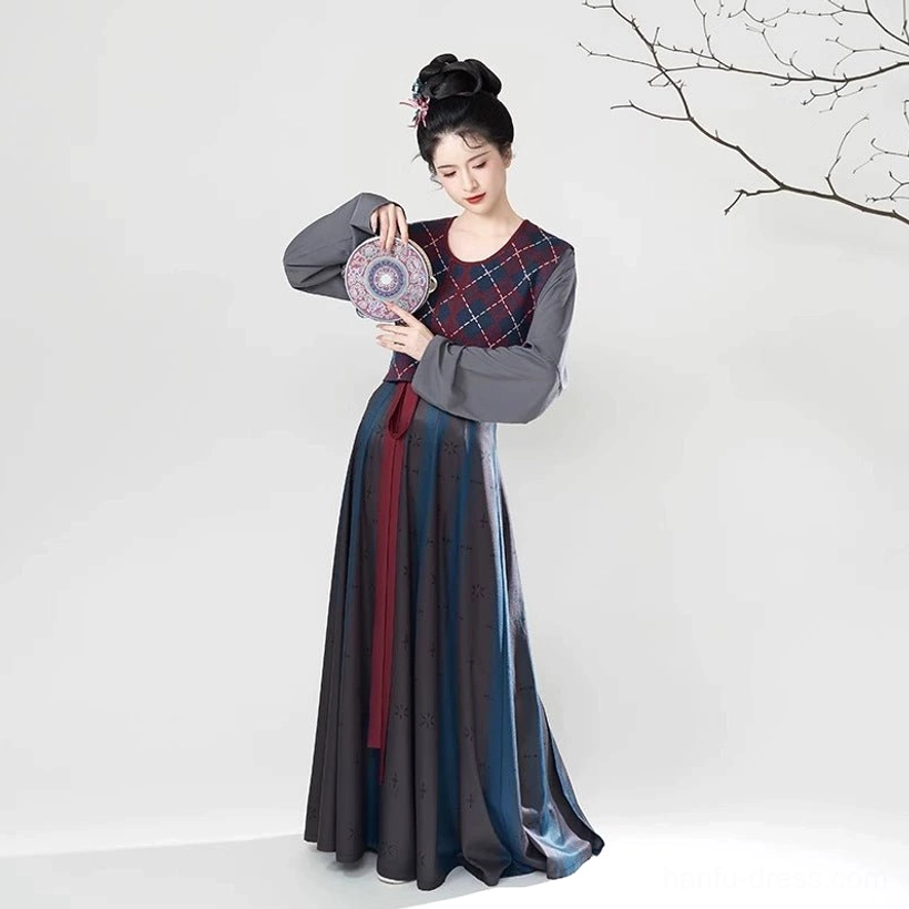 Blue colorway of the Tang Dynasty modern Hanfu set featuring an argyle beizi overlay, long-sleeve inner top, and flowing eight-panel skirt