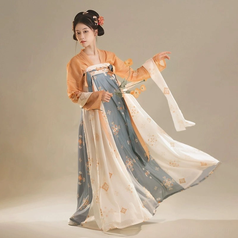 Blue Tang-style Qixiong Ruqun Hanfu dress shown with floral color-block skirt flowing sleeves and elegant sash