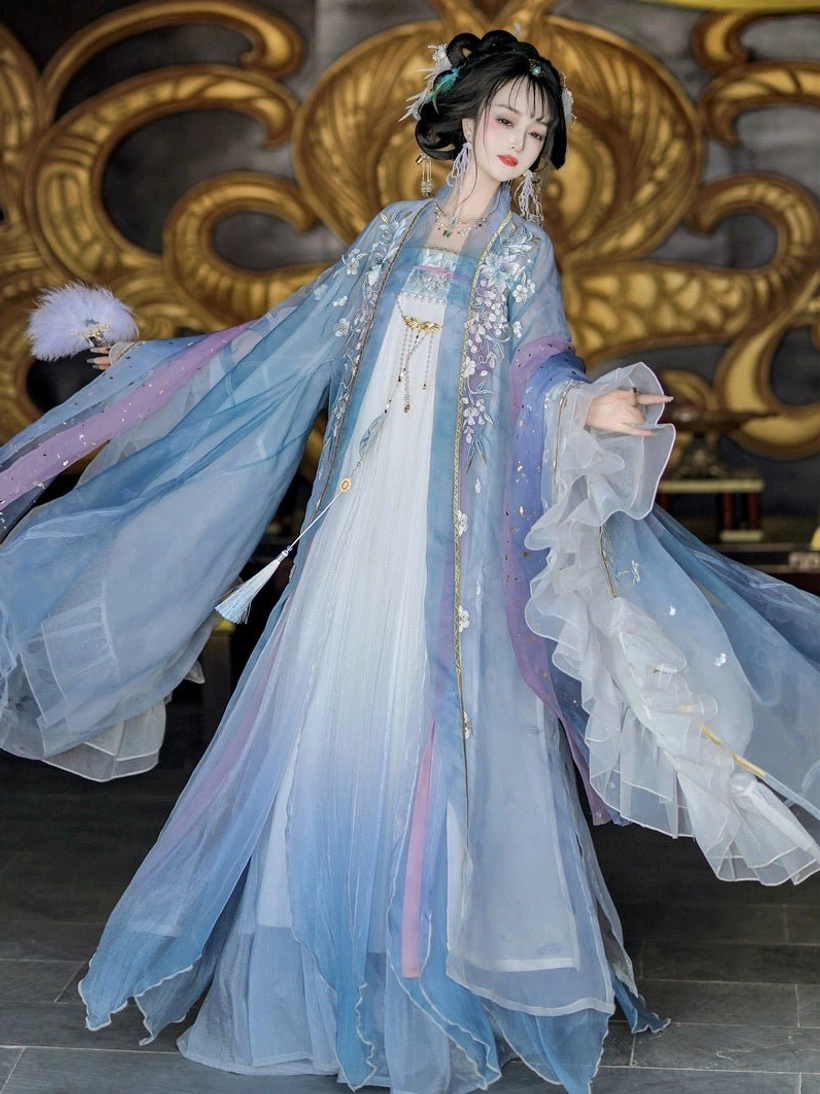 Tang Dynasty style blue Qixiong Ruqun Hanfu with sheer wide sleeves gold chest ornament and pink high waist sash