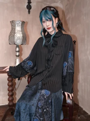 Blue Tears modern Hanfu double-sleeve top with black pinstripe fabric, navy embroidery, tassel-trimmed flared sleeves, detachable bow necktie, and matching Chinese-inspired long skirt
