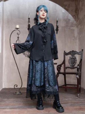 Front view of Blue Tears modern Hanfu layered strappy skirt styled with a black ruffled blouse, tassel-trimmed bell sleeves, ocean-inspired jellyfish print, and dark gothic Chinese fashion details