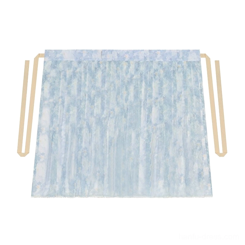 Flat lay of blue watercolor floral pleated wrap skirt with two long beige waist sashes for Tang Dynasty Hanfu