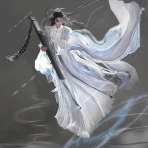 Dynamic side view of blue and white Hanfu for men with a long sweeping train, flowing layered robes, wide sleeves, and windblown movement during a guqin-inspired fashion pose