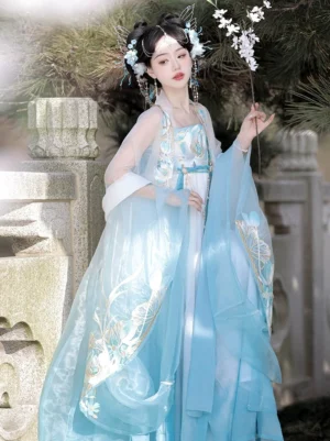 Blue and white Tang-style Heziqun Hanfu complete set with golden and blue embroidery, lightweight sheer chiffon outer coat, wide sleeves, traditional hairstyle, and floral branch accessory