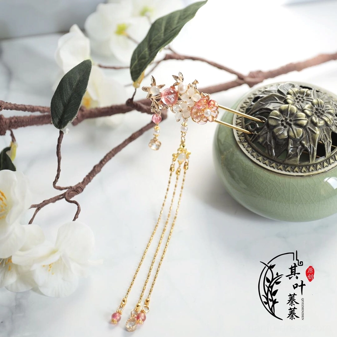 Blush floral Hanfu hairpin with pink bead flowers, white accent and long double gold tone chain tassels for traditional Chinese hairstyle styling