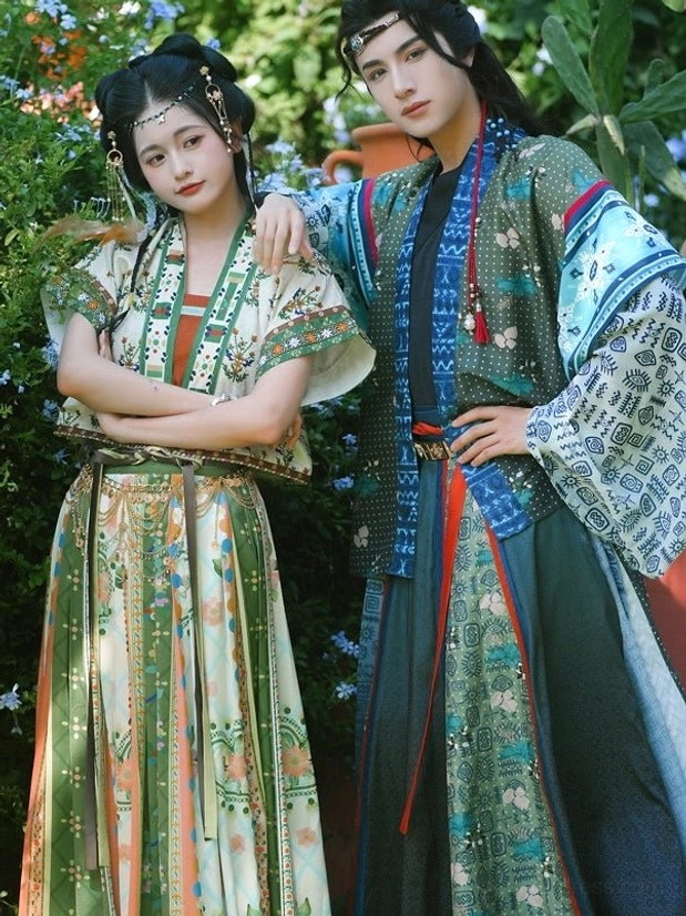 Side view of Bodhi couple hanfu outfits with female floral wrapped skirt and male geometric patterned banbi
