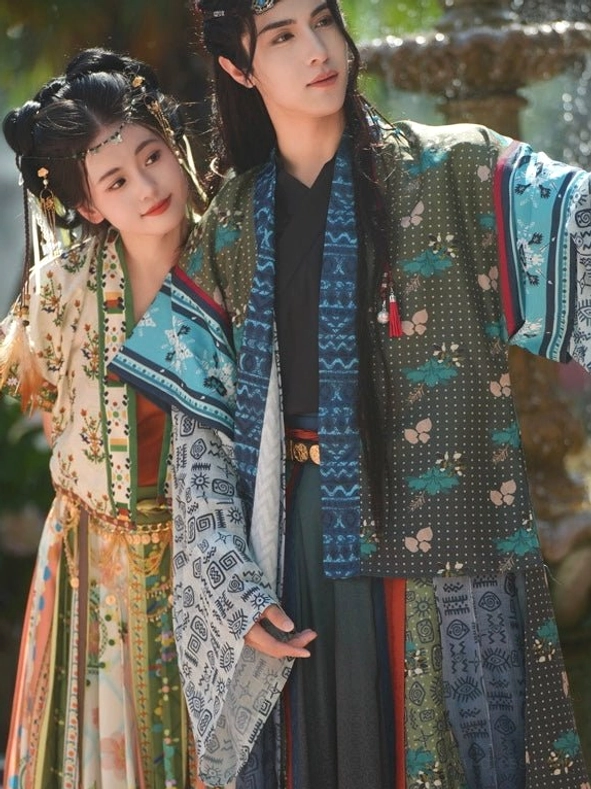 Full-body Bodhi male hanfu and female matching hanfu set with green blue and earthy patchwork-inspired patterns