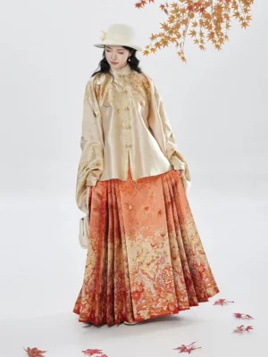 Brewing Golden Autumn Ming Dynasty Hanfu set front view with champagne pipa sleeve top and orange gold mamian skirt