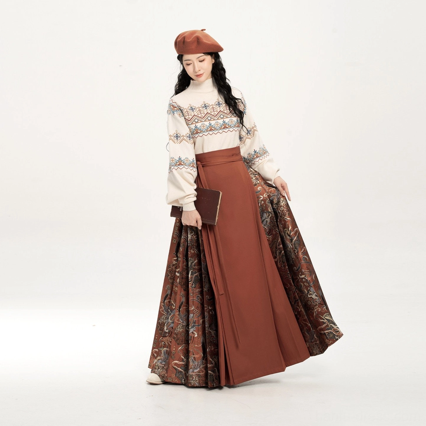 Three-quarter rear view of the brick red Dunhuang-inspired mamianqun hanfu set showing the back drape and decorative side panels