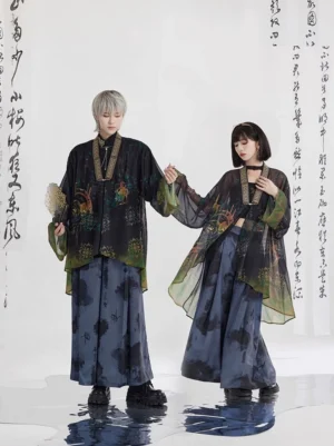 Bronze Finch Feather modern Chinese style sheer jacket styled with coordinated daily outfits and ink-wash wide-leg pants