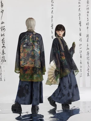 Bronze Finch Feather modern Hanfu sheer sunscreen jacket shown from the back and left three-quarter view on models in a Chinese calligraphy studio