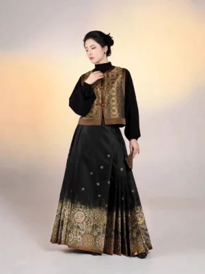 Bronze gold jacquard Hanfu vest layered over black stand collar top with pleated Mamian skirt