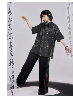 Black modern Hanfu printed short-sleeve shirt and high-waisted wide-leg pants front three-quarter outfit view