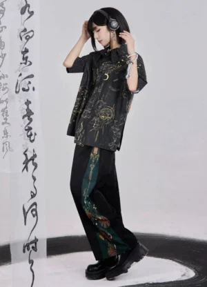 Bronze mythical print modern Hanfu shirt and wide-leg pants outfit shown in left three-quarter view