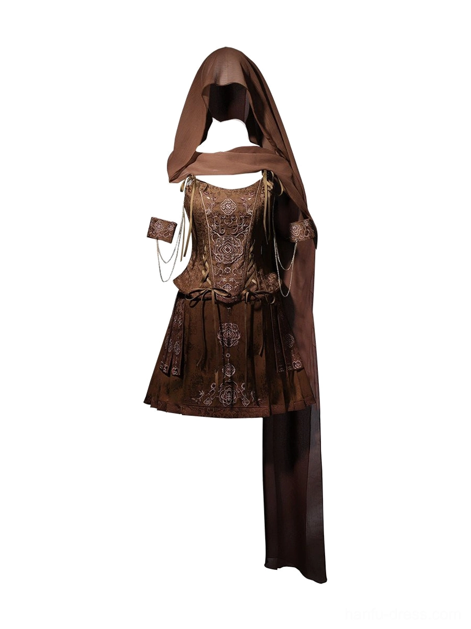 Flat lay of complete brown Hanfu-inspired outfit with embroidered bustier, short mamianqun skirt, sheer scarf, and matching accessory bag