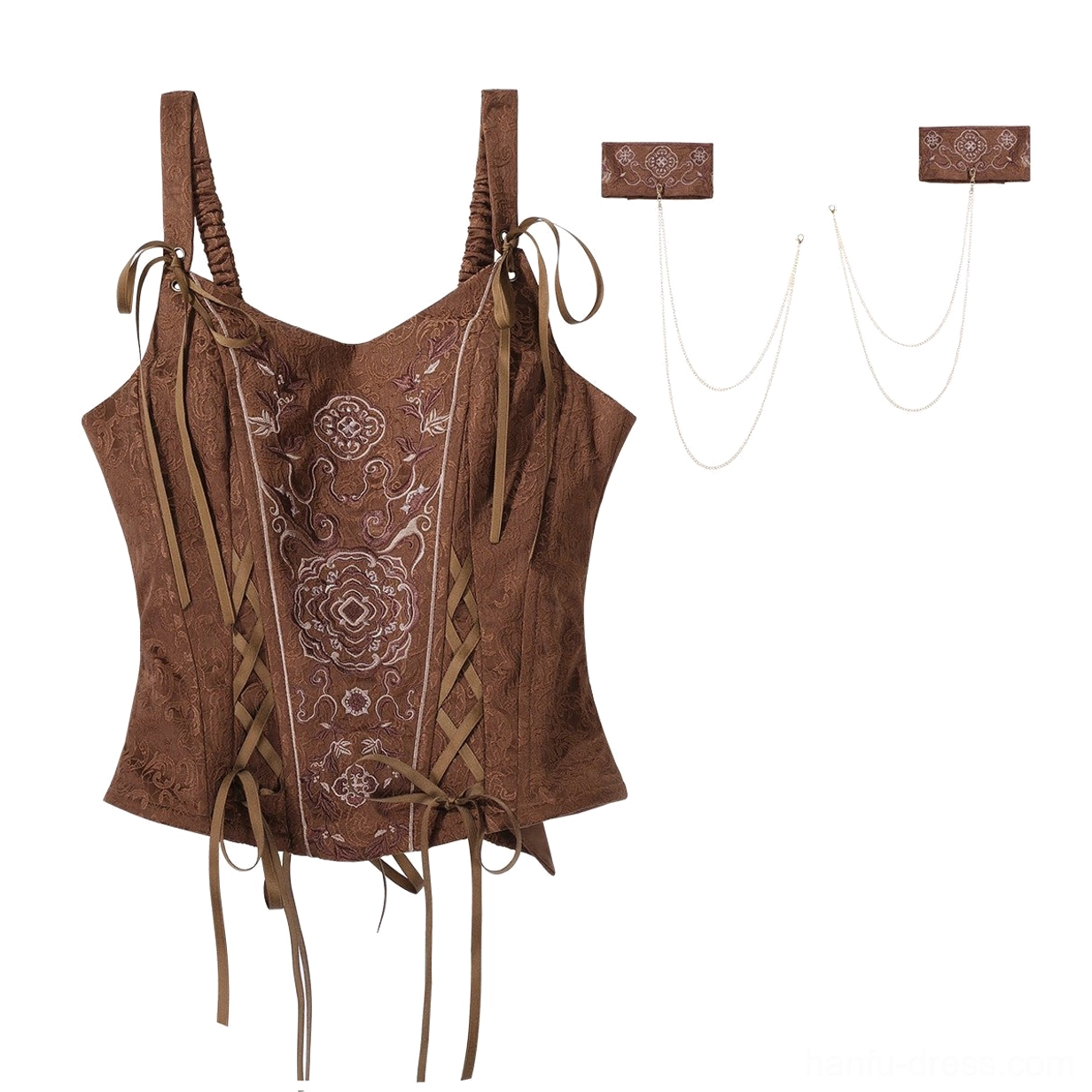 Flat lay of brown lace-up embroidered Hanfu bustier with adjustable straps and matching traditional-style arm chain accessories