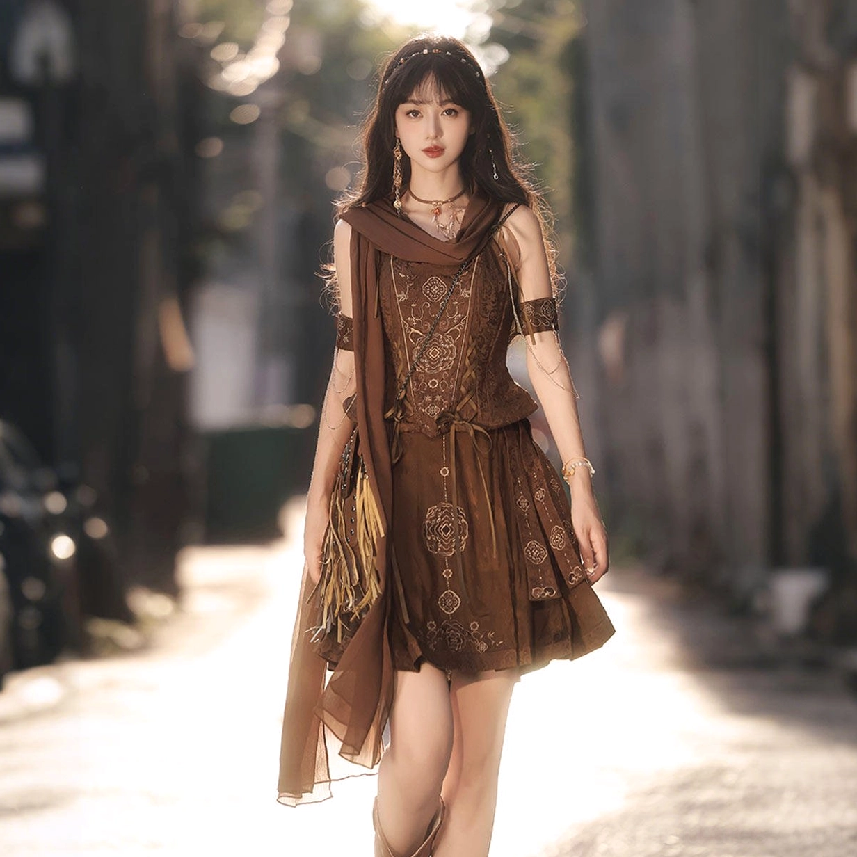 Full-body side view of model walking outdoors in a brown embroidered Ming-style Hanfu bustier and layered pleated horse-face skirt