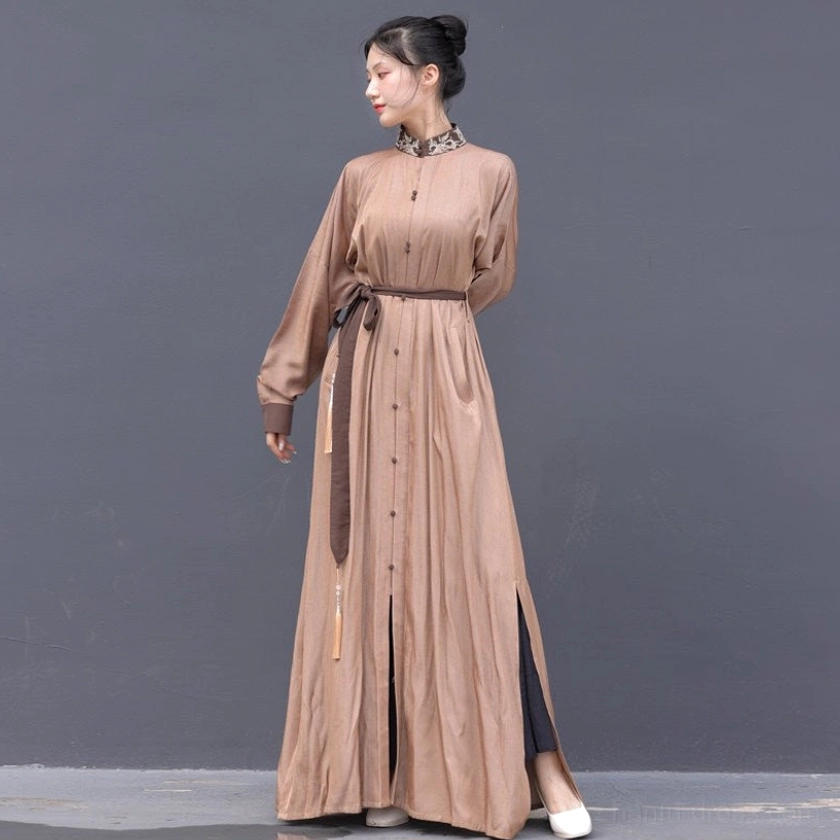 Brown modern Chinese Wuxia stand collar dress with dark tassel waist sash front button placket flowing side split skirt and elegant long silhouette