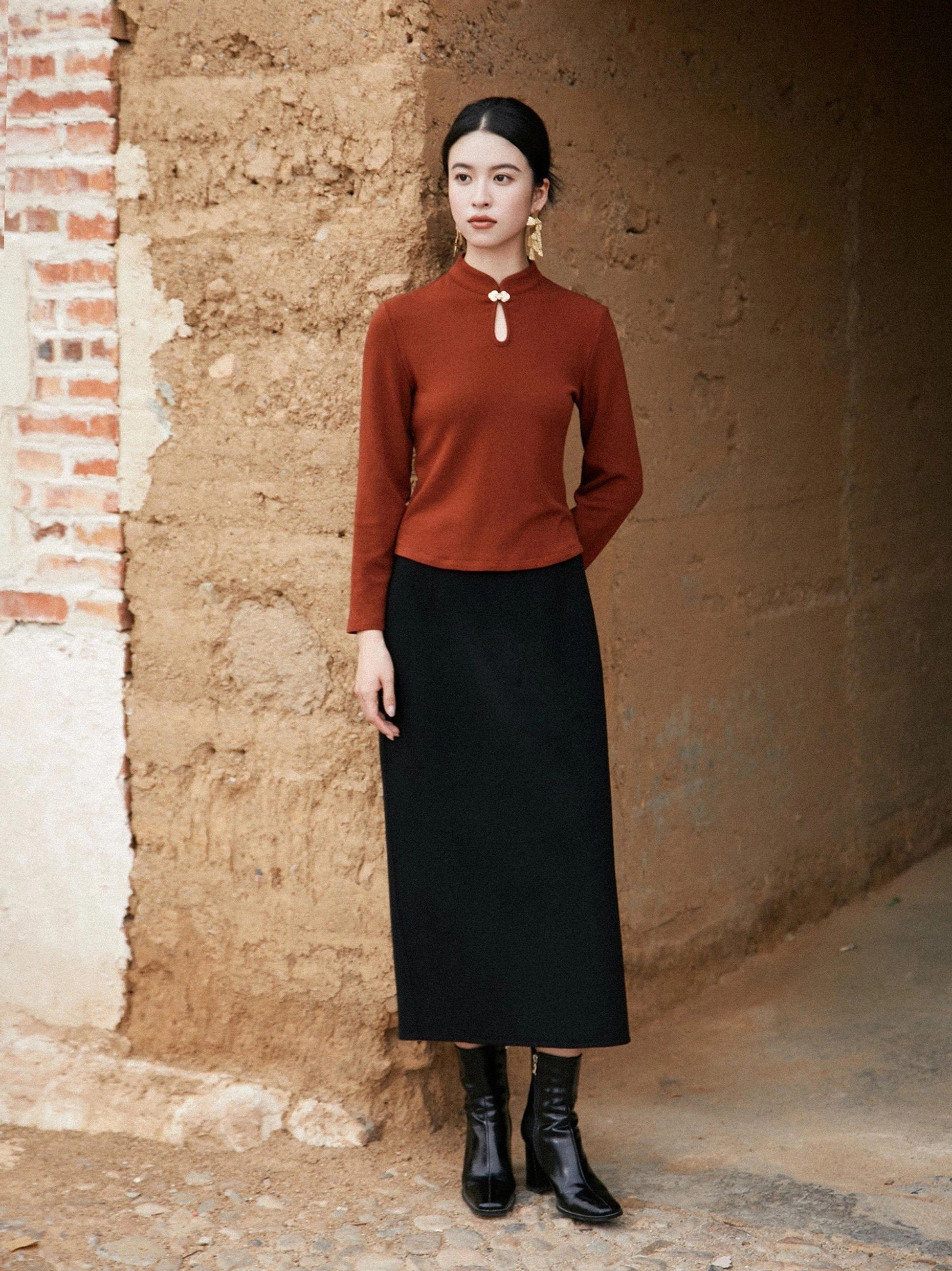 Brown New Chinese Style stand collar knit top paired with black midi skirt and ankle boots full outfit view
