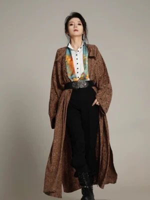 Full length brown Tang style Hanfu robe set with floral jacquard texture belt and colorful scarf styling