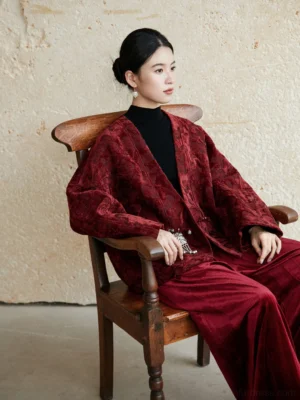 Burgundy Chinese New Year Hanfu coat shown from the front while seated, featuring an oversized relaxed fit, floral jacquard texture, and traditional Chinese tassel buckle