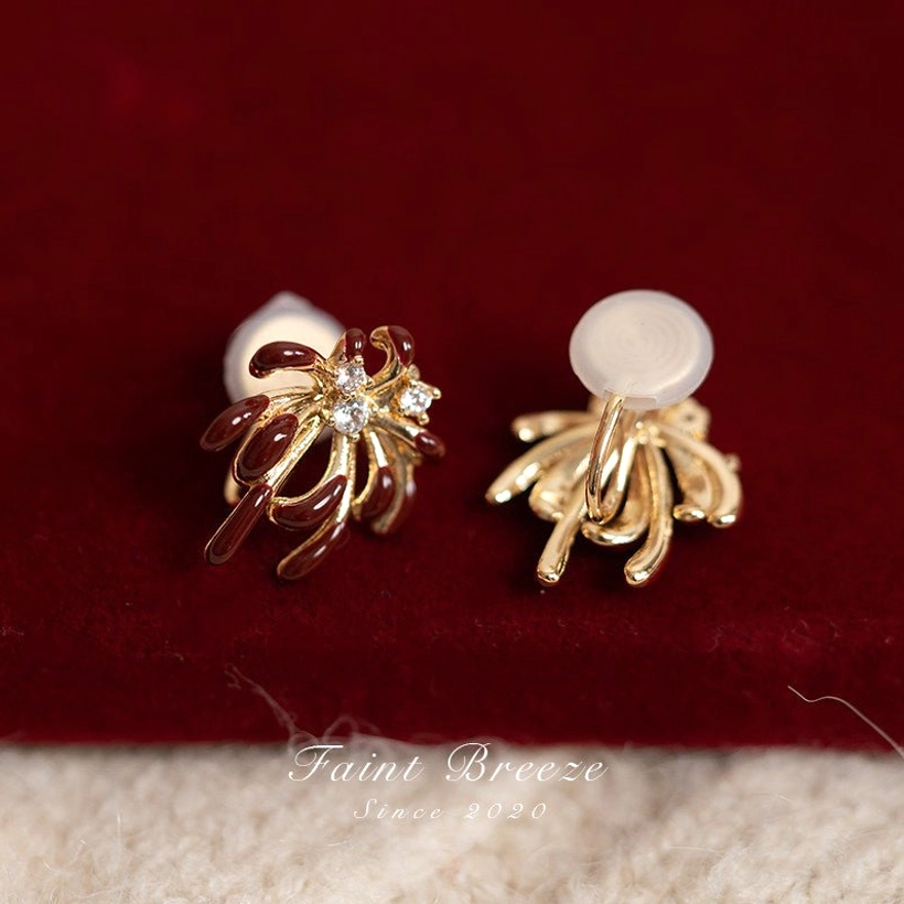 Firework-inspired burgundy Chinese earrings front and back detail, gold-tone comfort clip-on jewelry option