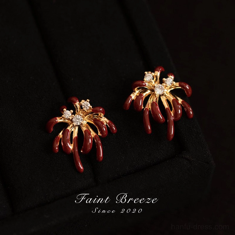 Burgundy firework stud earrings for Hanfu and Qipao, gold-tone floral burst design with crystal centers