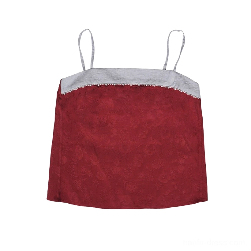 Flat lay display of burgundy Hanfu camisole with jacquard fabric, grey neckline trim, and thin shoulder straps