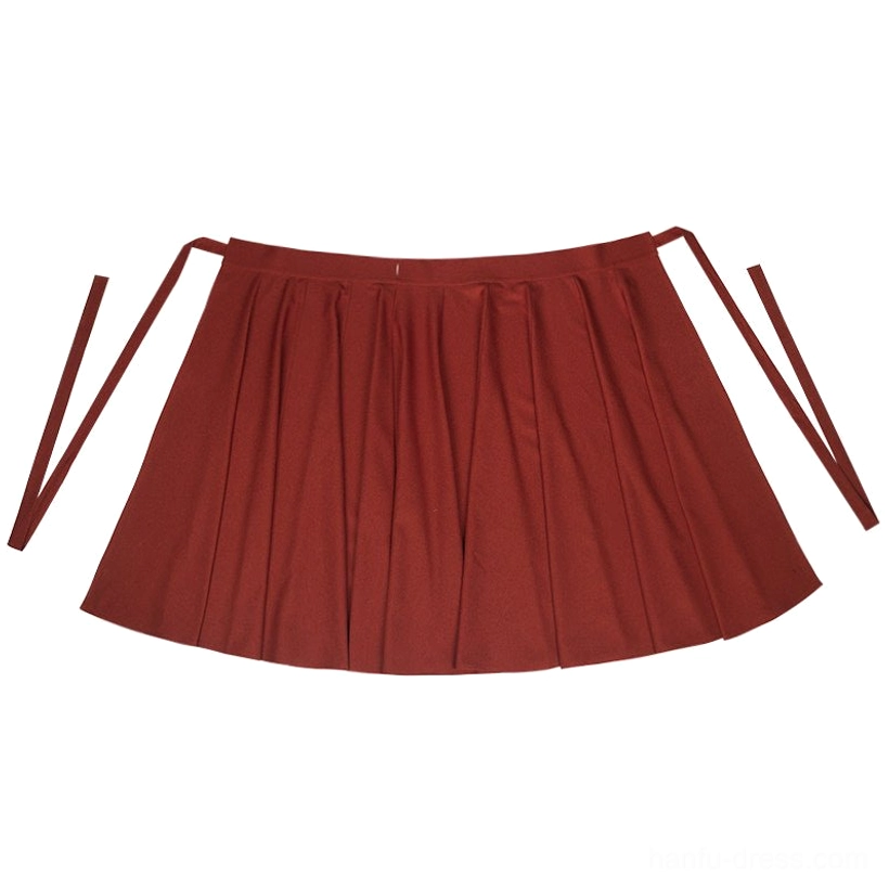 Flat lay view of a deep burgundy high-waisted Hanfu wrap skirt with side waist tie straps, elegant pleats, and a flowing A-line midi silhouette