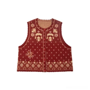Burgundy knitted Hanfu bijia vest with festive snowflake reindeer and floral embroidery scalloped hem and button front
