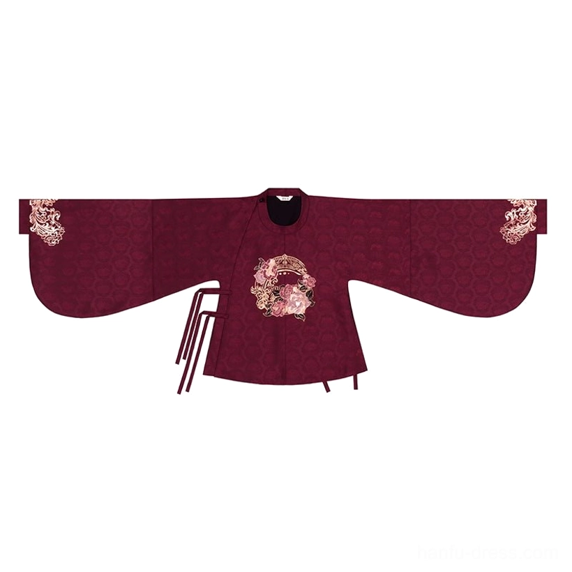 Flat-lay view of the deep burgundy Ming-style Hanfu top with woven texture, golden rose embroidery, and side fastening ties