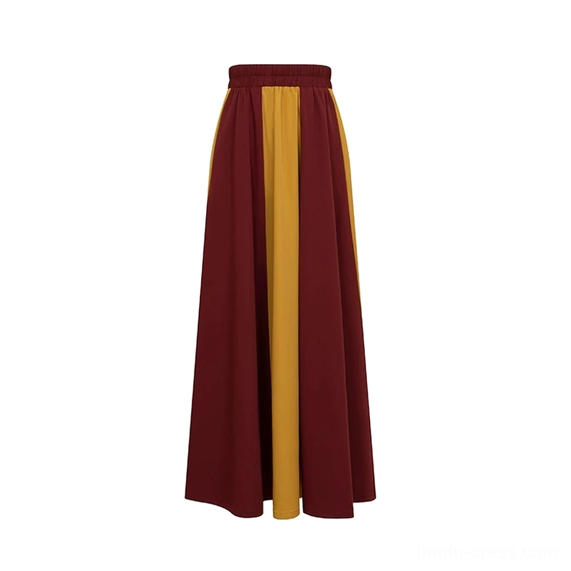 Flat lay of full-length burgundy and mustard yellow color-blocked eight-panel Hanfu skirt with high elastic waistband
