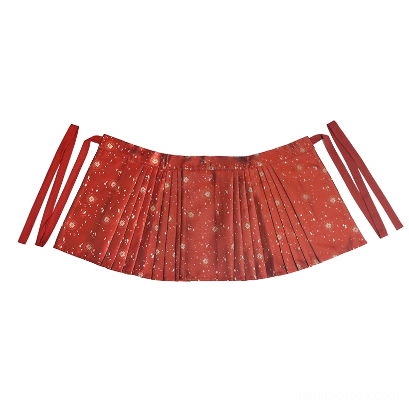Burgundy short mamian skirt flat lay with gold floral motifs pleats and traditional side tie fasteners