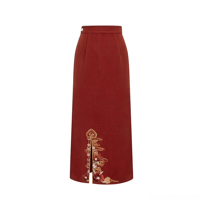 Flat lay display of a burgundy Song Dynasty Hanfu skirt with high waist, front slit, golden floral embroidery, and hidden side zipper