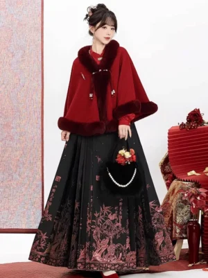 Full front view of burgundy winter Ming dynasty inspired hanfu cloak with black mamianqun horse face skirt and traditional festive styling