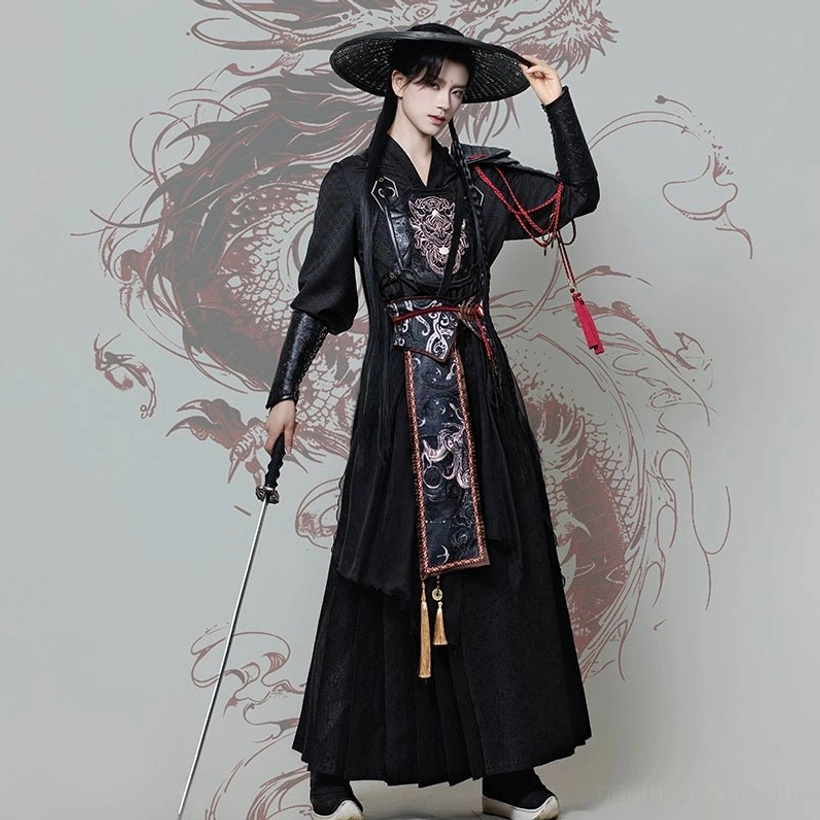 Full body black wuxia hanfu warrior outfit for men with layered robes, dragon embroidered waist panel, red tassel, bamboo hat, and sword
