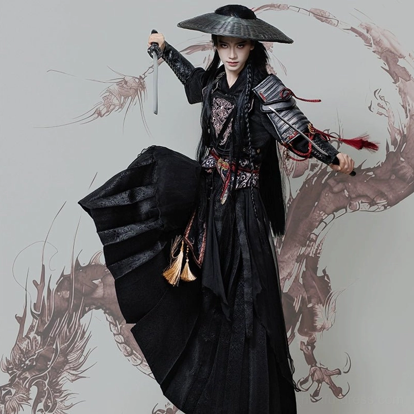 Dynamic action pose in black wuxia warrior hanfu for men featuring flowing pleated robe, shoulder armor, red waist tassels, and bamboo hat