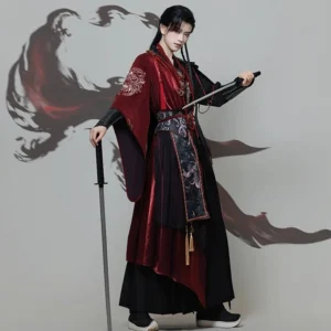 Side view of red and black male hanfu wuxia warrior costume with layered robe, embroidered waist seal, tassels, and sword styling
