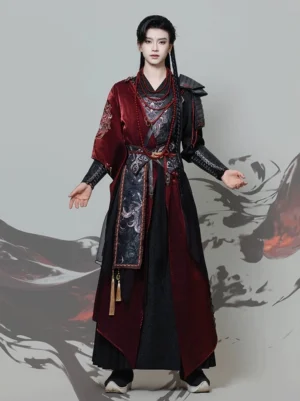 Red and black wuxia warrior hanfu set for men front view with cross-collar robe, dragon waist embroidery, tassels, and shoulder armor