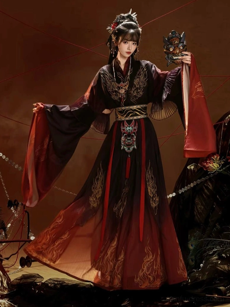 Burning Skies embroidered Hanfu full set in a three-quarter pose with black to red gradient skirt, golden flame embroidery, wide sleeves, waist accessories, and front hanging ornament