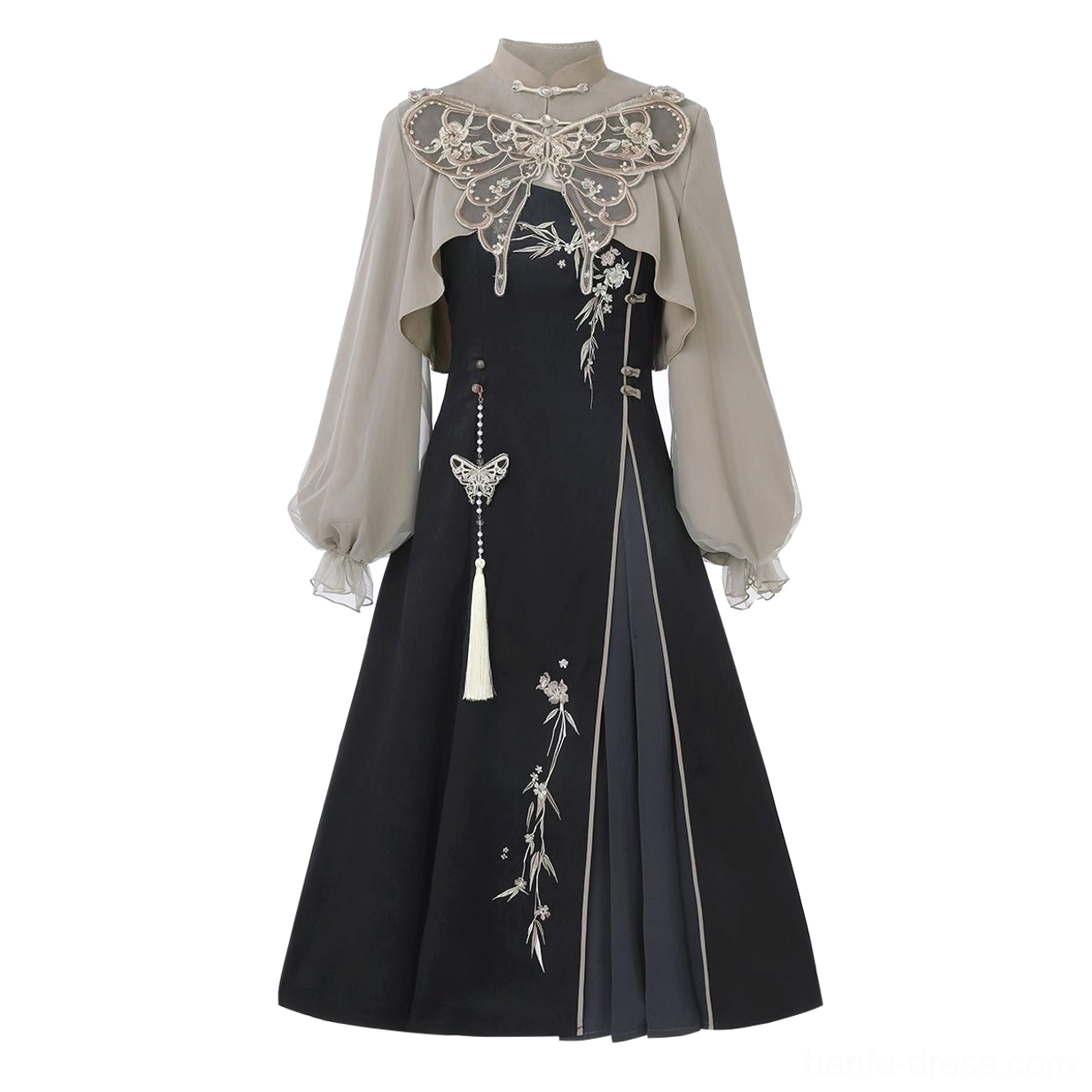 Flat front product display of the complete Butterfly Ash modern Hanfu summer sundress set with grey cropped top, black embroidered midi dress, butterfly cloud collar, and decorative tassel details