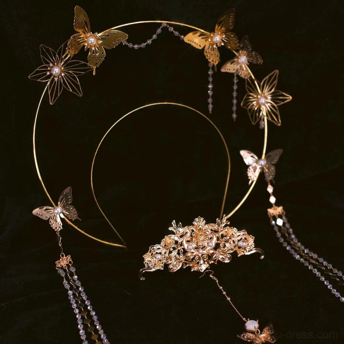 Split view of the Butterfly Dance Hanfu hair accessory set showing halo hairband, floral crown, antique gold butterflies, and beaded tassel pendants