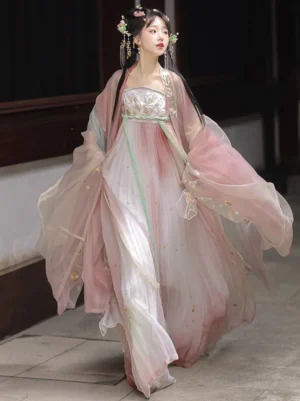 Side view of Butterfly Dream Tang Dynasty Hanfu Heziqun dress with oversized flowing sleeves, floral embroidery, golden dot accents, and pastel pink white gradient chiffon