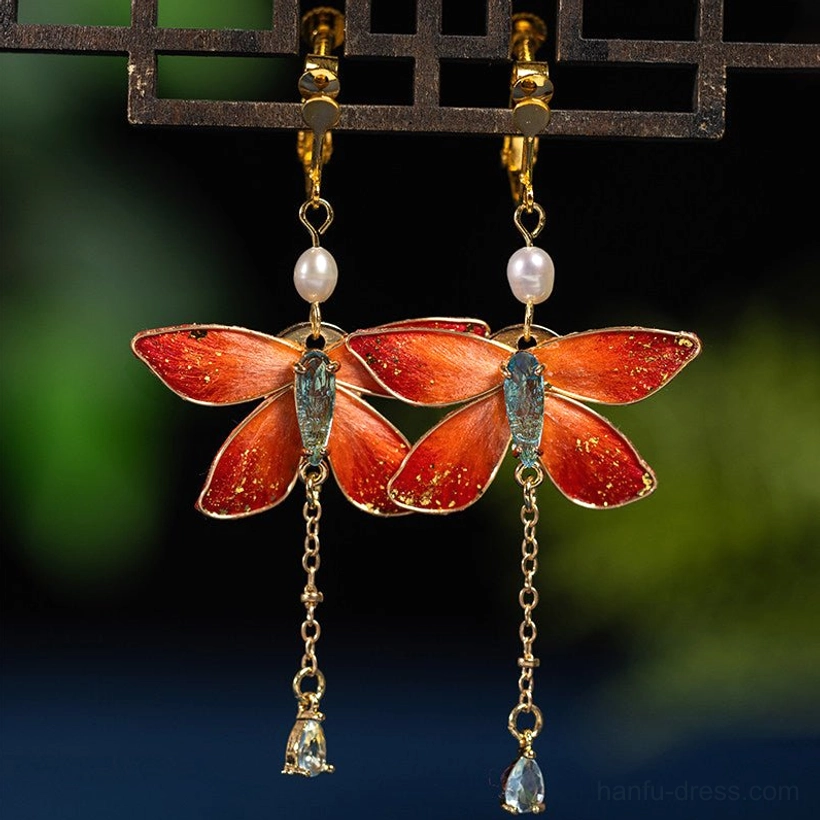 Butterfly tassel clip-on Chinese earrings with gold-tone comfort clip fasteners, freshwater pearl accents, colorful crystal pendants, and velvet flower details