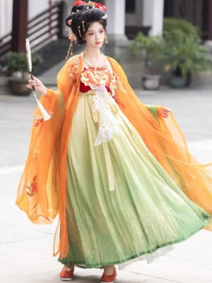 Flowing green gradient Tang Dynasty hanfu dress and orange wide sleeve robe styled with a tasseled fan