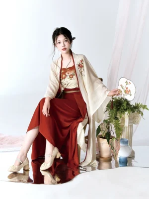 Side sitting view of a woman wearing a camellia Hanfu outfit with textured cream cardigan, floral embroidery, and burgundy skirt