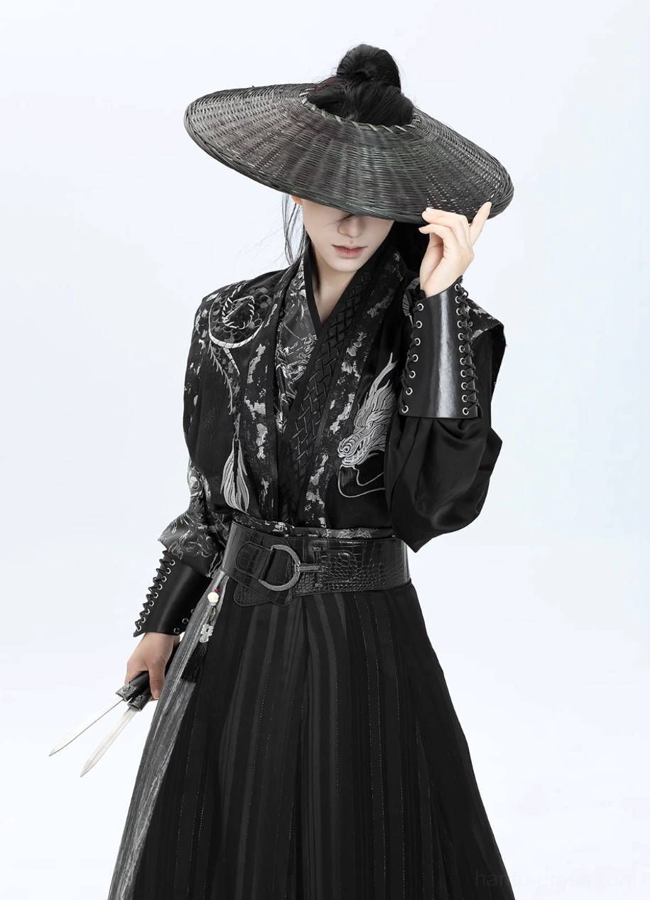 Canglan black dragon hanfu upper body detail showing wide waist belt, cross-collar design and leather lace-up bracers